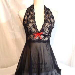 NWT Halter Nightie Teddie Babydoll Sexy Adult Lingerie Black Lace Thong Set Medi